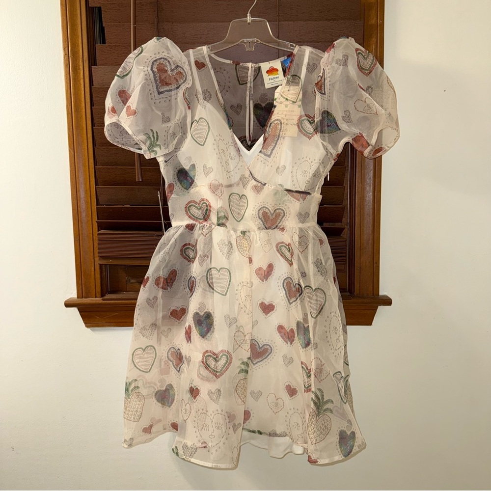 NWT $228 Anthropologie x Farm Rio Semi Sheer Puff-Sleeve Mini Heart Dress S - Picture 7 of 16